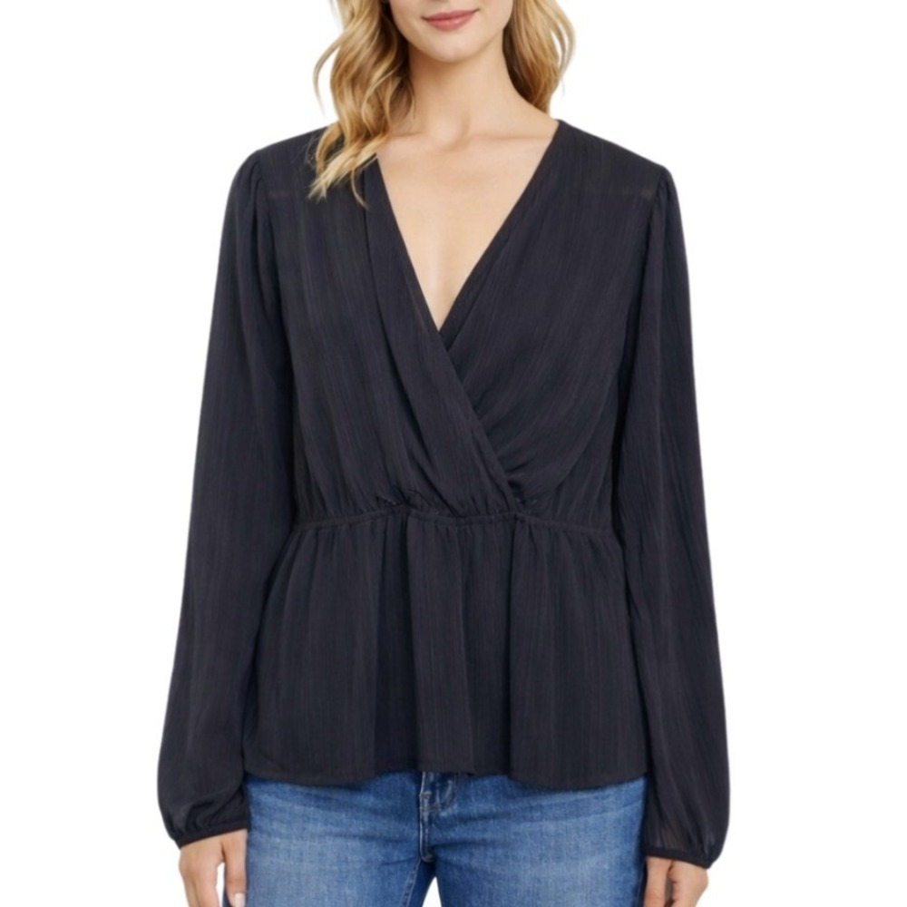 Intempo NWT Womens Black V-Neck Long Sleeve Textured Peplum Blouse XL 1121CSB013